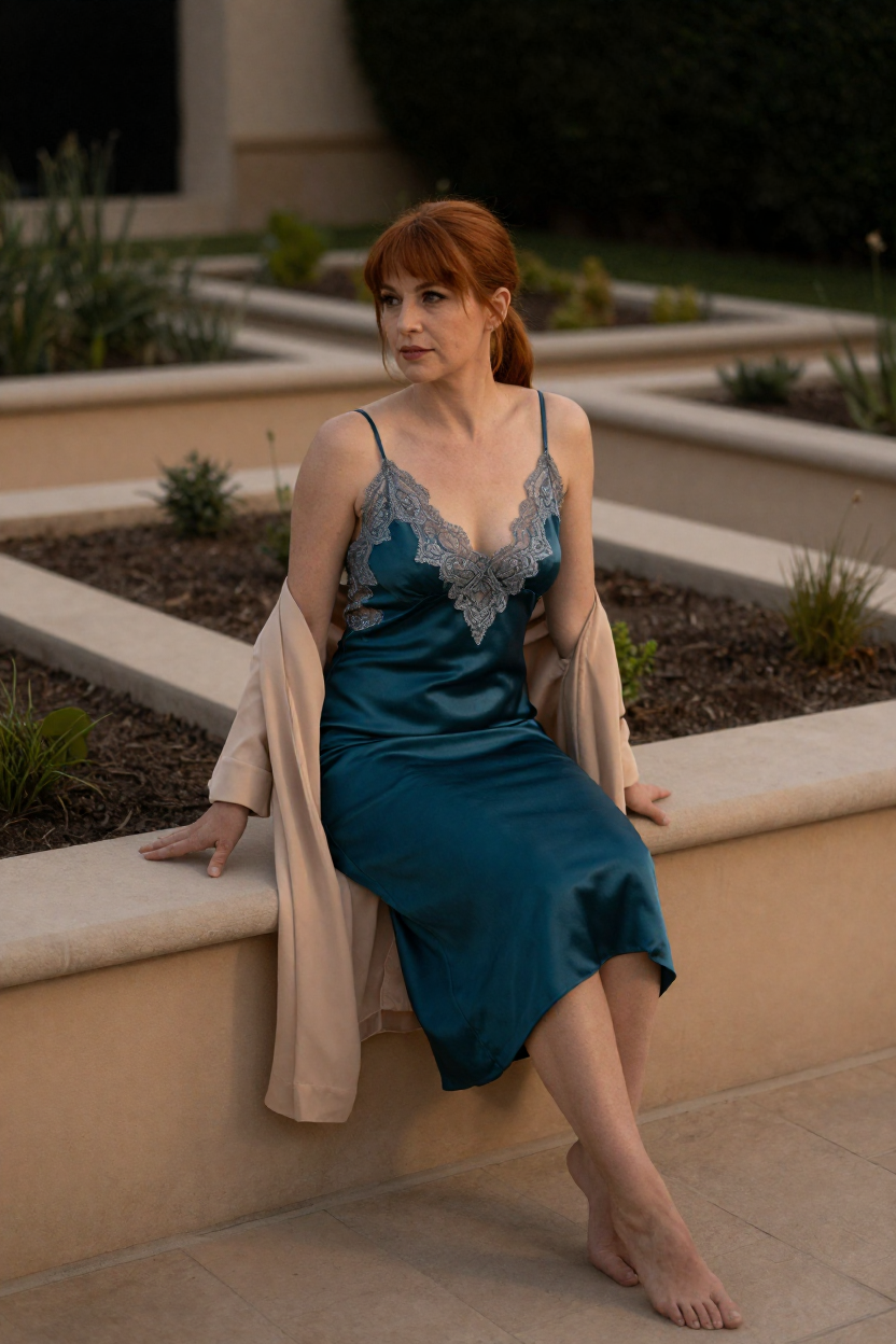Boudoir portrait of Odile, a fictional twenty-nine-year-old woman with copper-red hair in a low ponytail, wearing